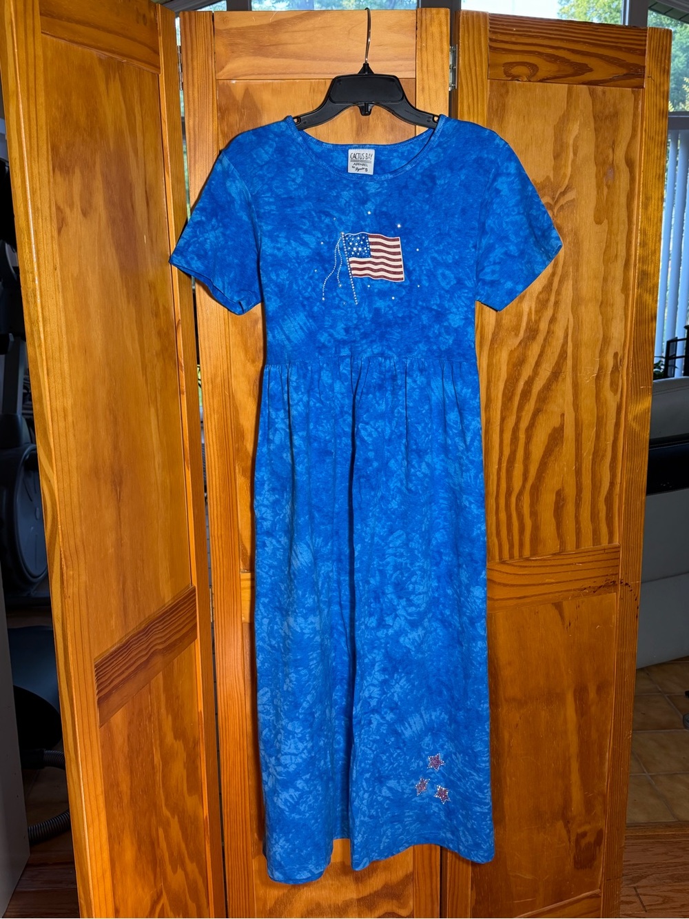 Blue Tie-Dye Maxi Dress with Embroidered American Flag, Rhinestones| Sz S-M